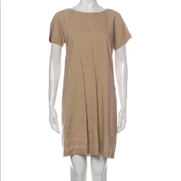 Theory | Dresses | Theory Short Sleeve Lace Up Pleated Back Linen Shift  Dress In Tan Beige | Poshmark